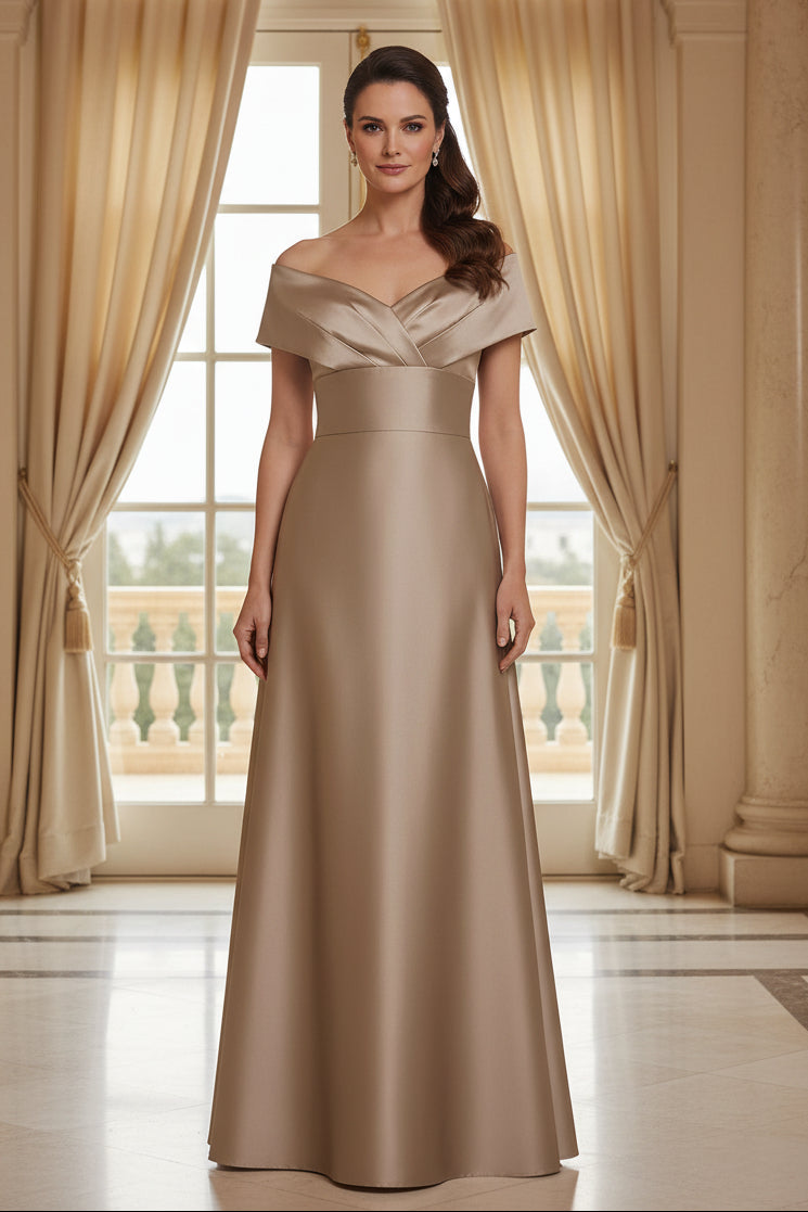 Off-the-Shoulder Satin A-Line Gown with Pleated Bodice