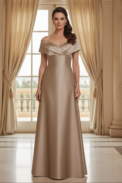 Off-the-Shoulder Satin A-Line Gown with Pleated Bodice