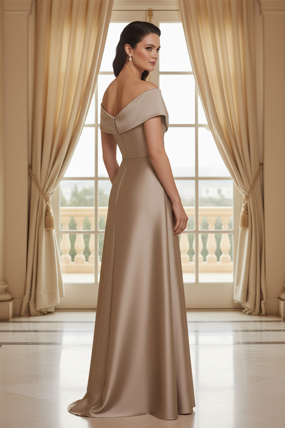 Off-the-Shoulder Satin A-Line Gown with Pleated Bodice