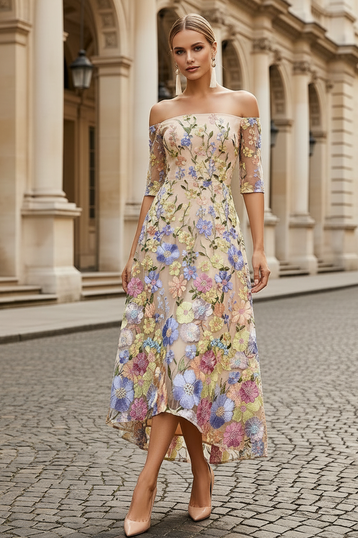 Off-the-Shoulder Embroidered A-Line Midi Dress
