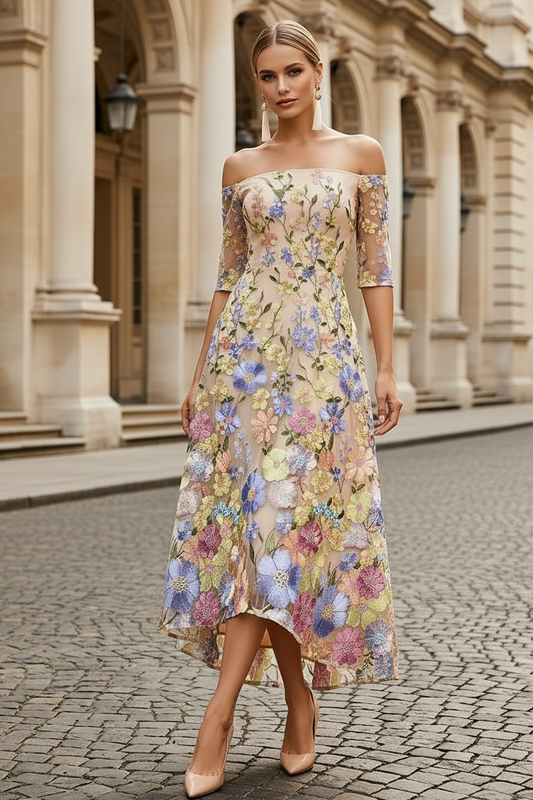 Off-the-Shoulder Embroidered A-Line Midi Dress