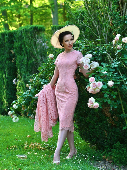Belted Lace Midi Dress with Short Sleeves