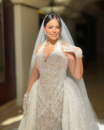 Halter Lace Mermaid Wedding Dress with Detachable Train