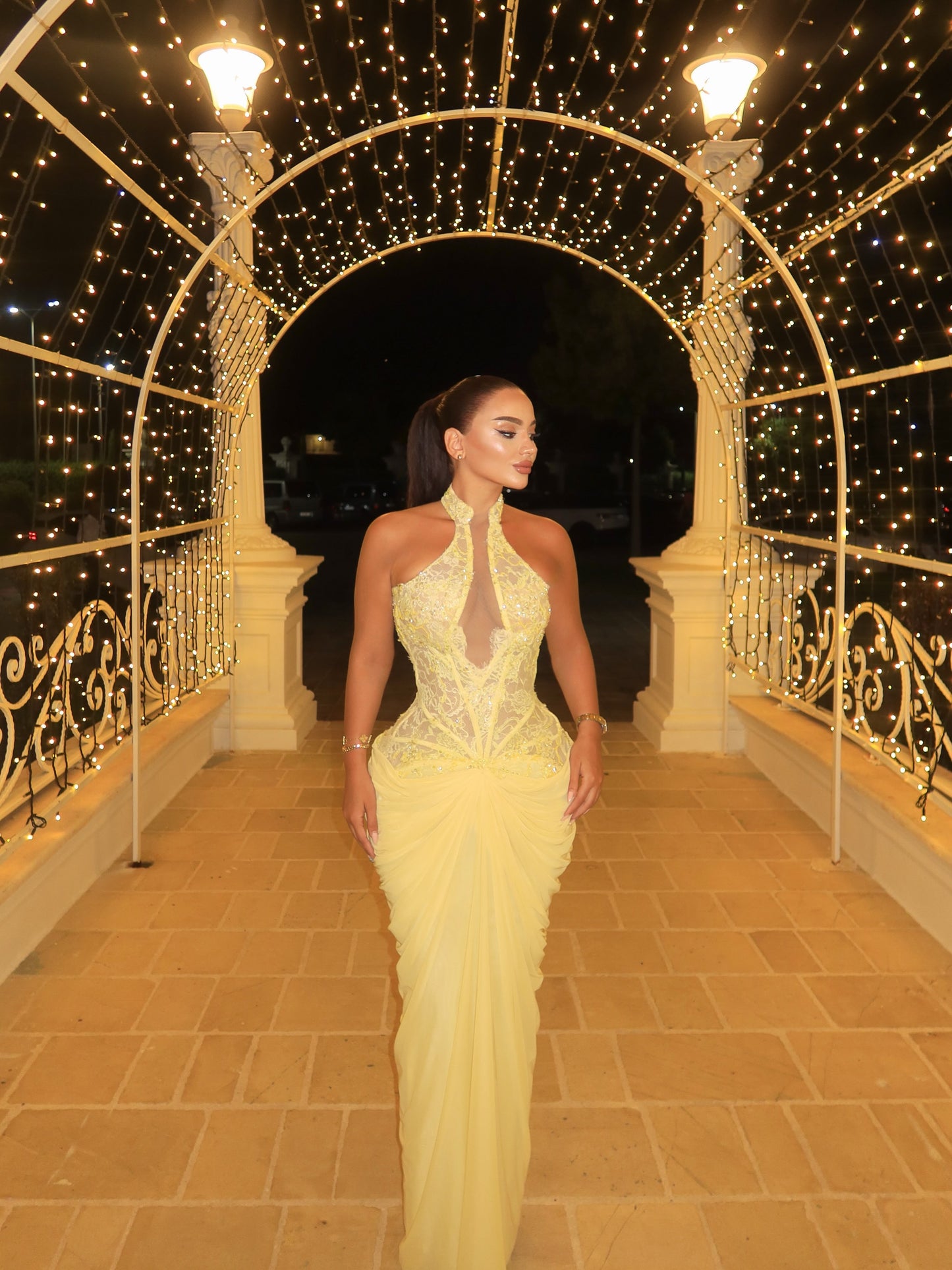 Halter Neck Corset Gown with Draped Skirt