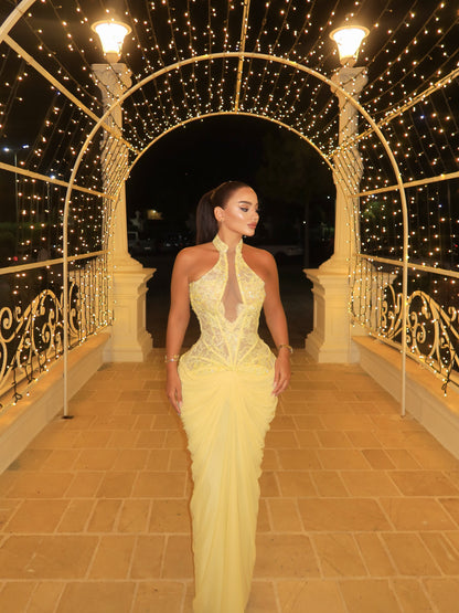 Halter Neck Corset Gown with Draped Skirt