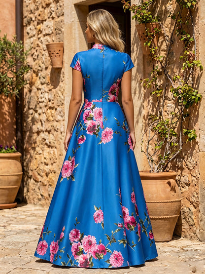 Floral Satin A-Line Evening Gown with Cap Sleeves