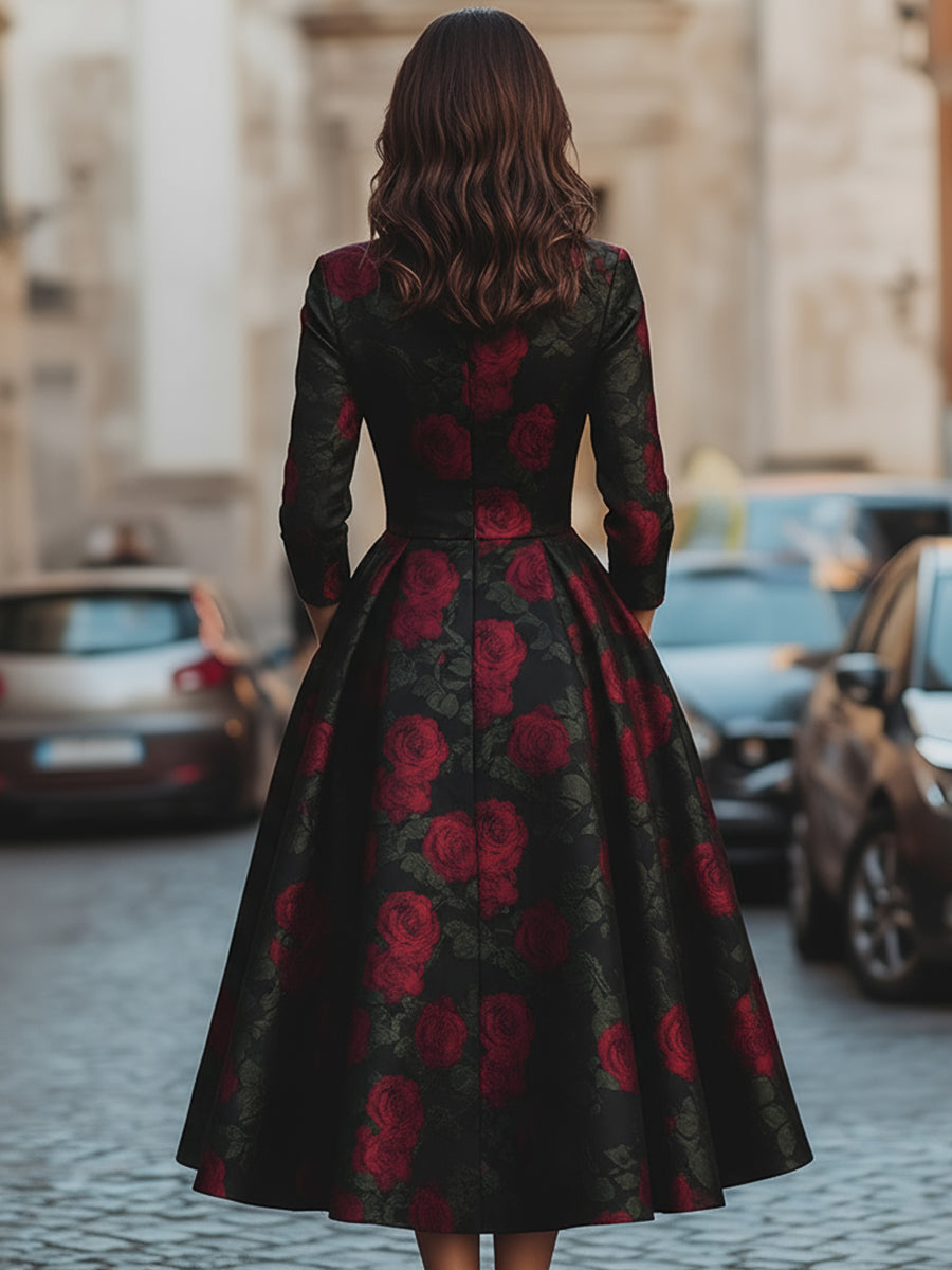 Floral Rose Print Midi Dress with Pockets