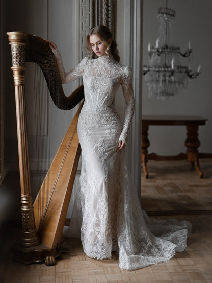 High Neck Lace Wedding Dress with Overskirt