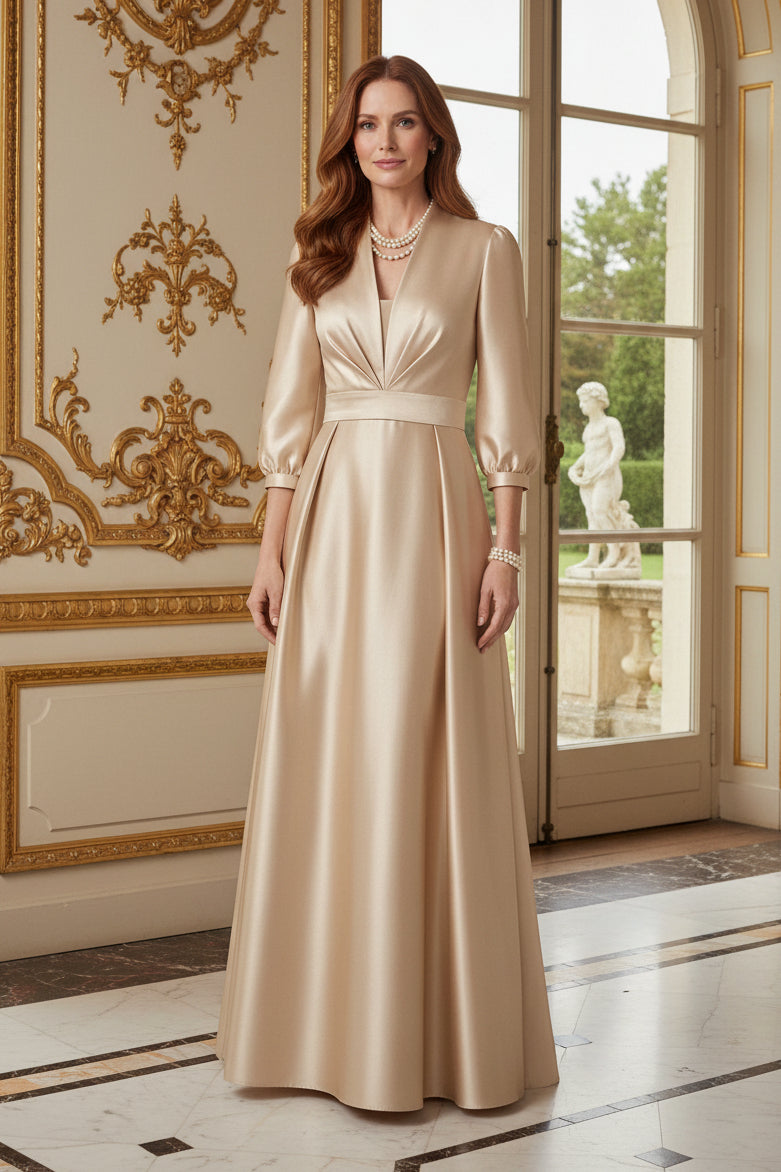 Pleated Bodice Satin A-Line Gown with 3/4 Sleeves