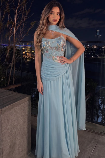 Embroidered Corset Gown with Draped Scarf Detail