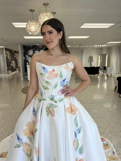 Floral Print Strapless Corset Ball Gown Wedding Dress