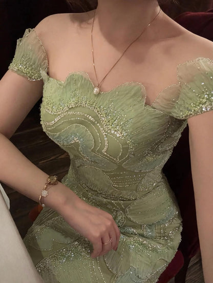 Off-the-Shoulder Beaded Mermaid Evening Gown