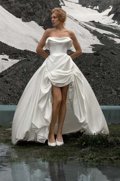 Strapless High-Low Satin Wedding Dress with Train