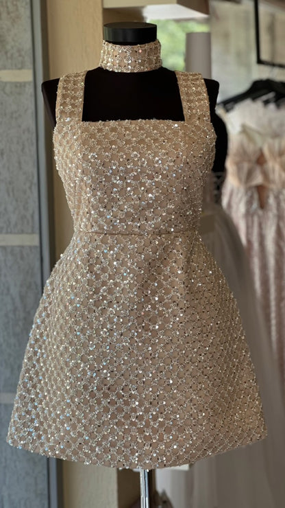 Beaded Sequin A-Line Mini Dress with Matching Choker