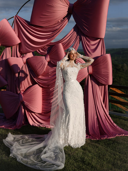 3D Floral Applique Long Sleeve Wedding Dress with Train