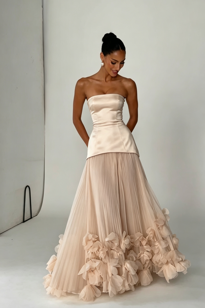 Strapless Pleated Evening Gown with 3D Floral Hem