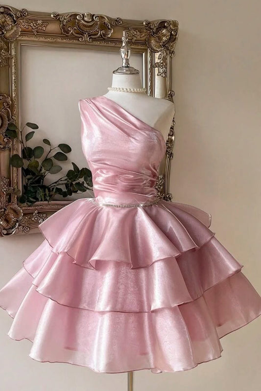 One-Shoulder Tiered Organza Mini Dress