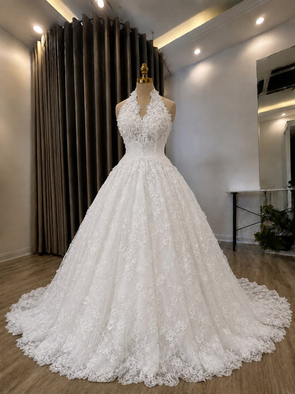 Halter Lace Ball Gown Wedding Dress with Veil