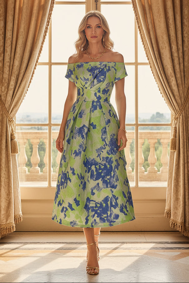 Off-the-Shoulder Floral Print Jacquard Midi Dress