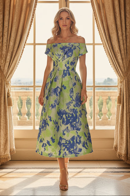 Off-the-Shoulder Floral Print Jacquard Midi Dress
