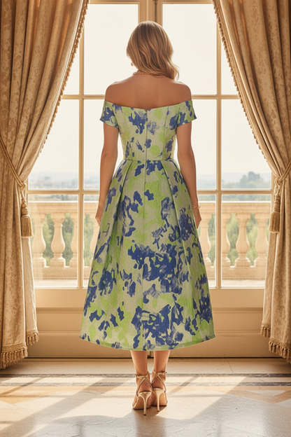 Off-the-Shoulder Floral Print Jacquard Midi Dress