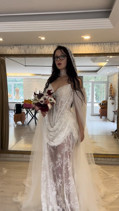 Corset Lace Sheath Wedding Dress with Cape