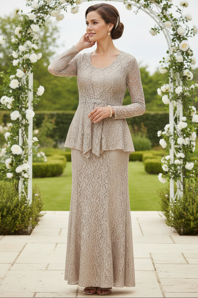Champagne Sequin Lace Two-Piece Mother of the Bride Dress with Long Sleeve Jacket