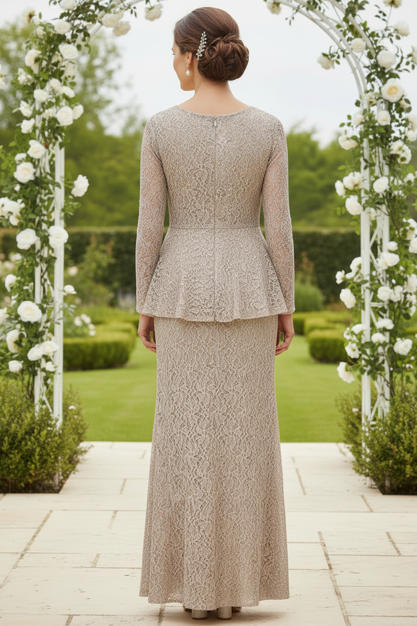 Champagne Sequin Lace Two-Piece Mother of the Bride Dress with Long Sleeve Jacket