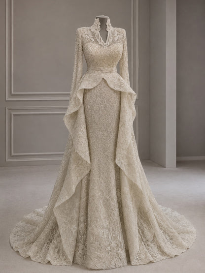 Beaded High-Neck Mermaid Gown with Cascading Train