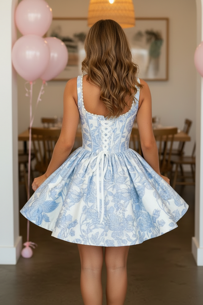 Pearl-Trimmed Corset Floral Mini Dress