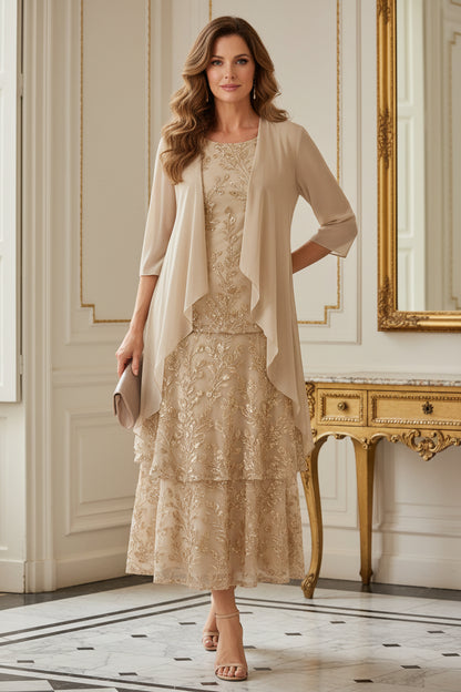 Sequin Embroidered Tiered Midi Dress with Chiffon Jacket