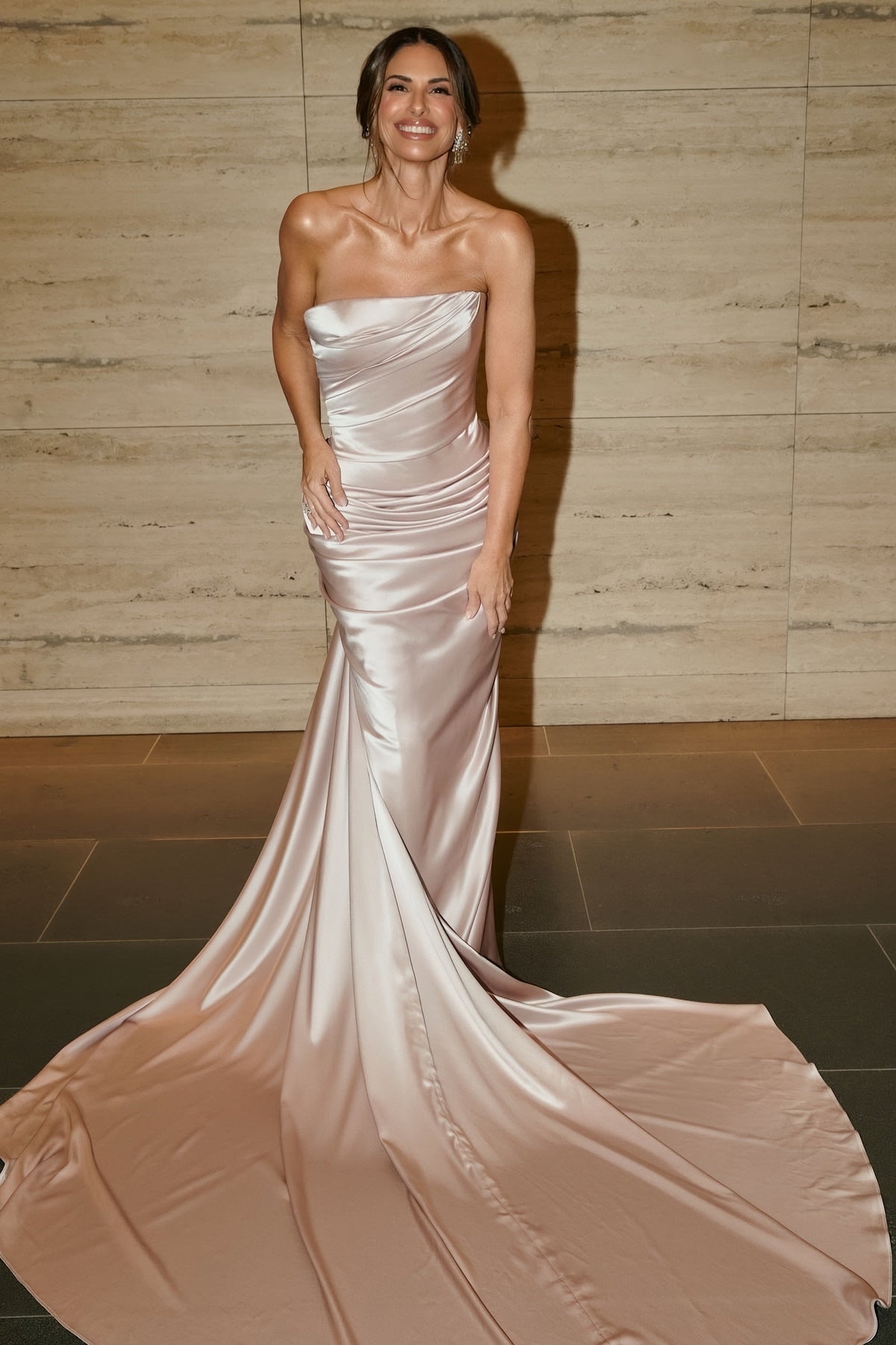 Strapless Ruched Satin Evening Gown with Train