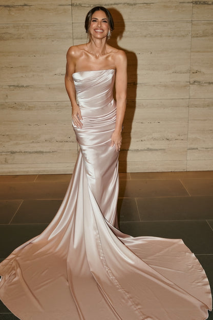 Strapless Ruched Satin Evening Gown with Train