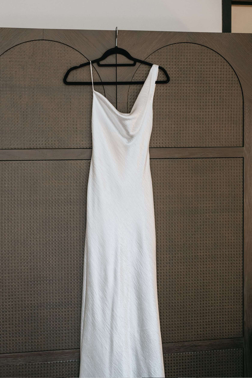 Asymmetrical Cowl Neck Satin Slip Wedding Dress