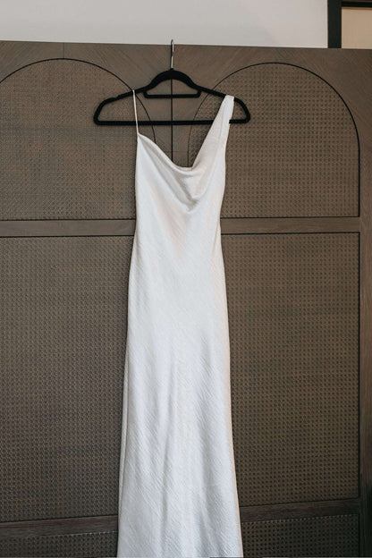 Asymmetrical Cowl Neck Satin Slip Wedding Dress