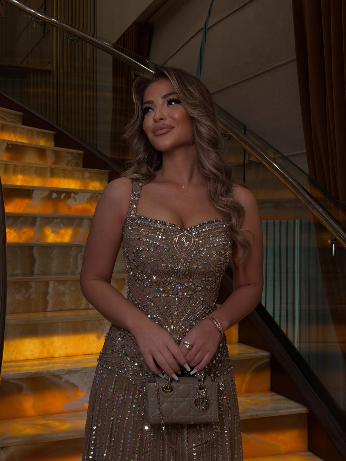 Crystal Embellished Tiered Evening Gown
