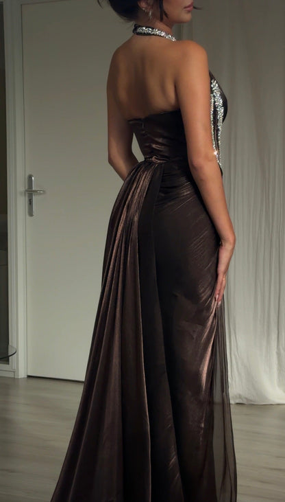 Halter Corset Evening Gown with Crystal Accents