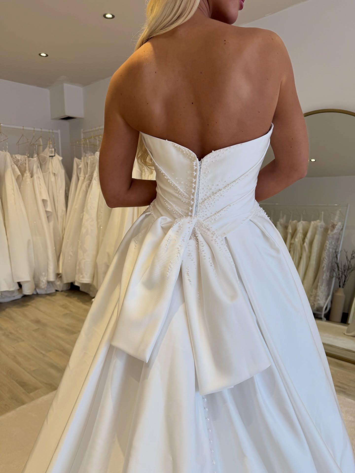 Strapless Ruched Wedding Dress with Slit & Bow