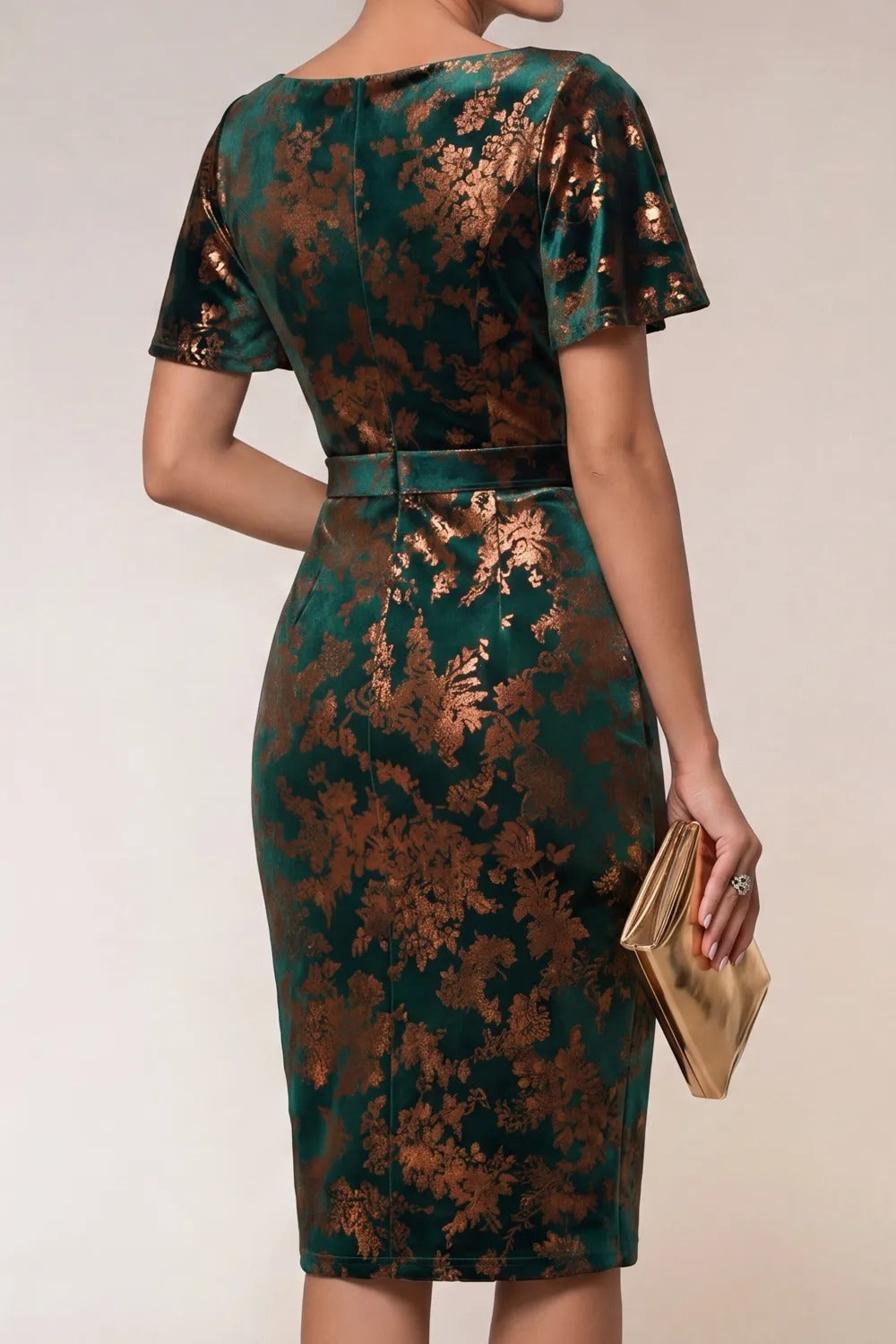 Metallic Floral Velvet Flutter Sleeve Midi Dress