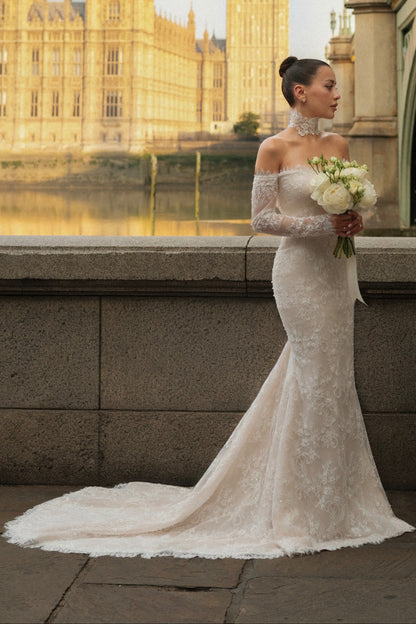 Off-the-Shoulder Long Sleeve Lace Mermaid Wedding Dress