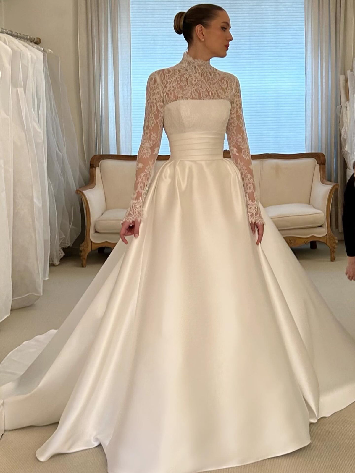 High-Neck Lace and Satin Ball Gown Wedding Dress