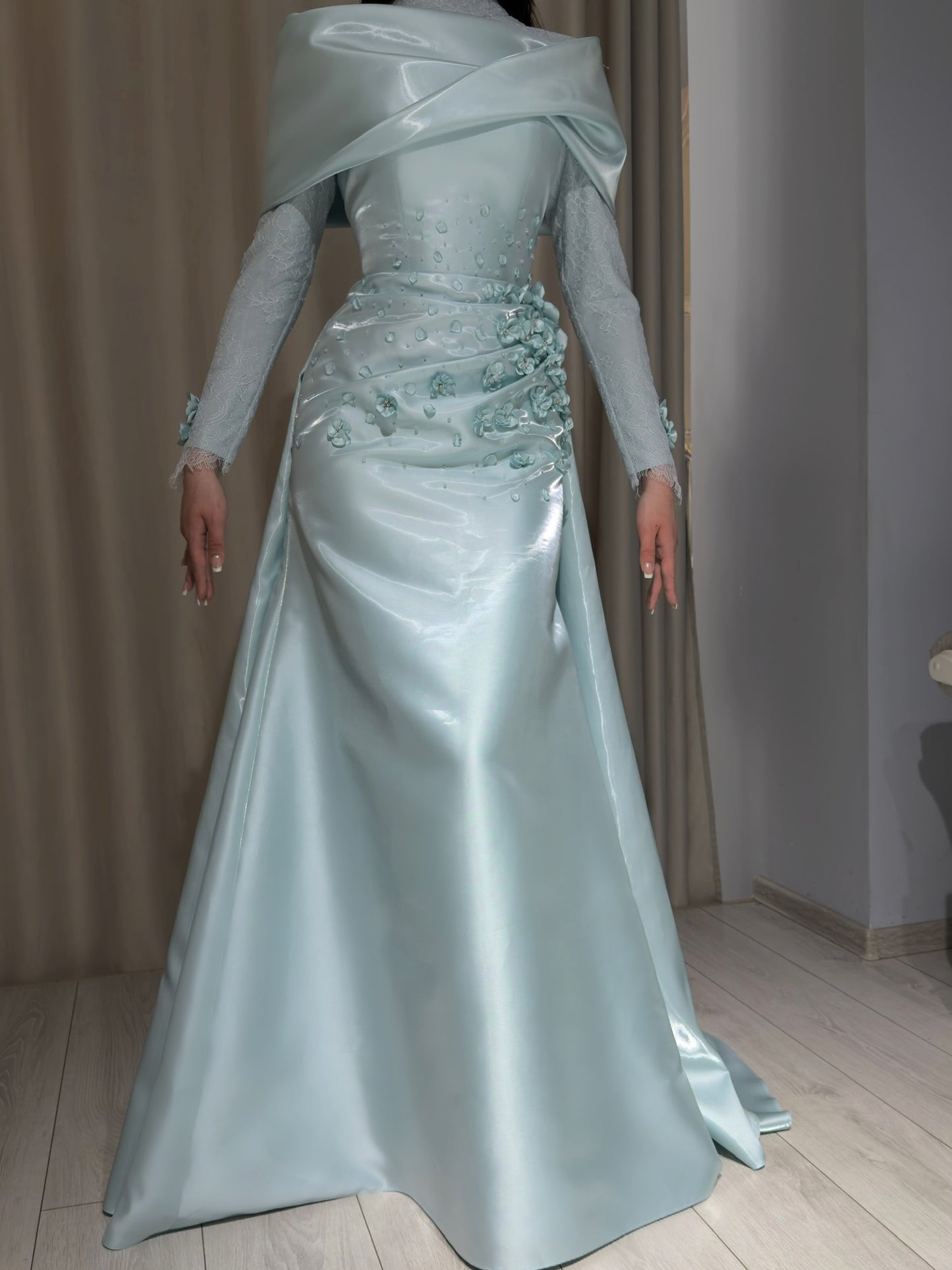 High-Neck Satin Gown with 3D Flowers and Shawl