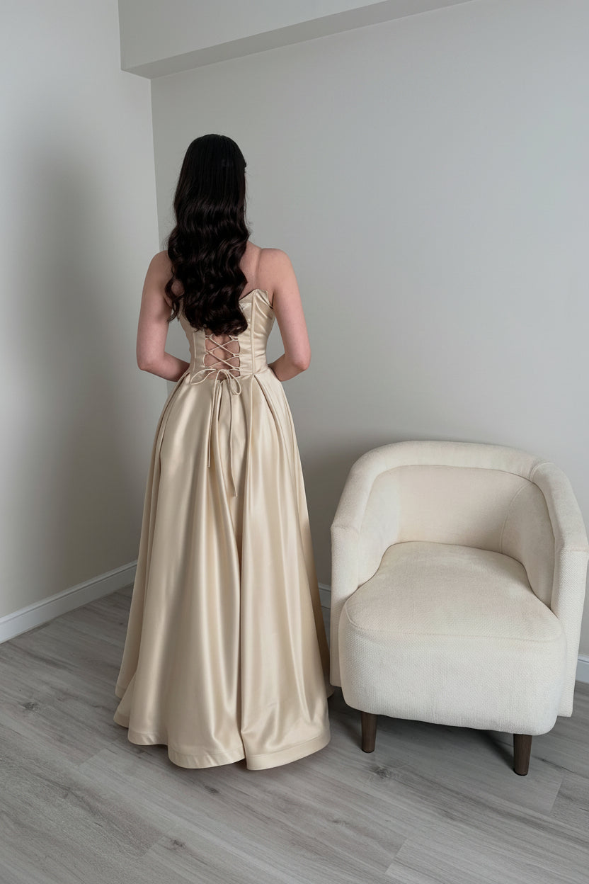 Beaded Corset Bodice Satin Gown with High Slit