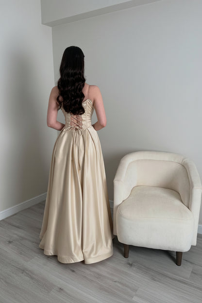 Beaded Corset Bodice Satin Gown with High Slit