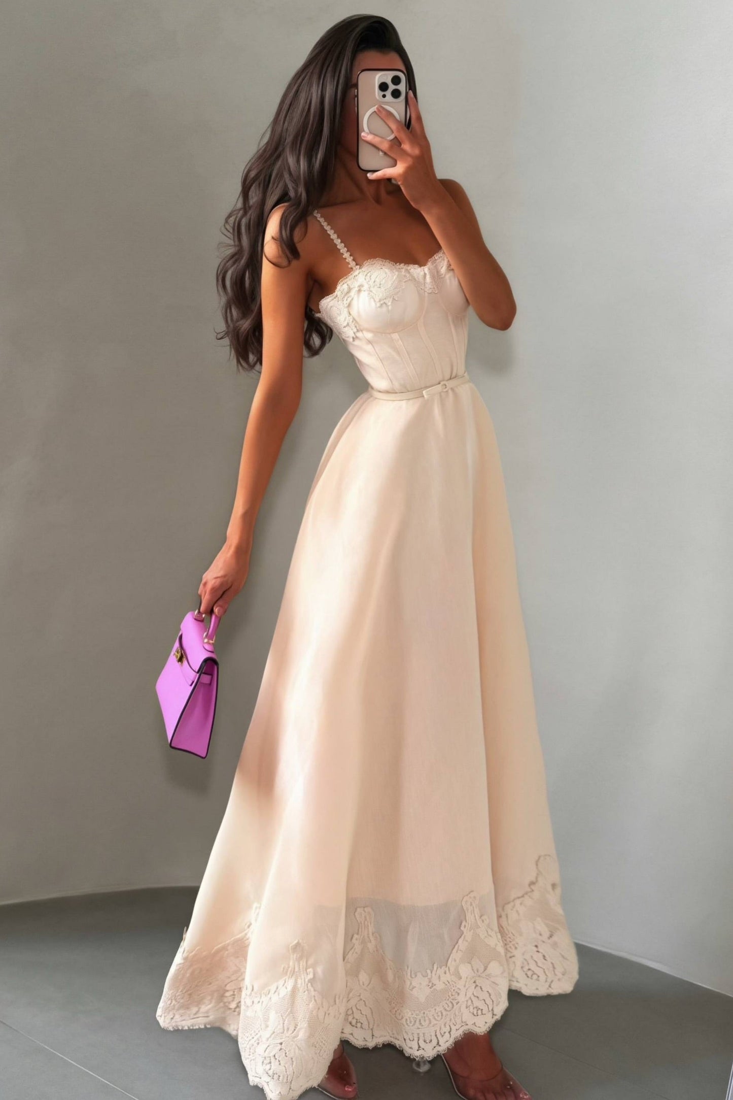 Lace Corset Bodice Satin Maxi Dress with Pearl Straps
