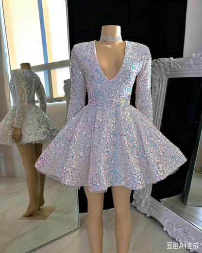 Sequined Deep V-Neck Long Sleeve Mini Dress