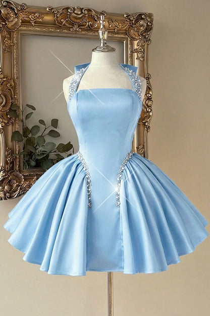 Beaded Halter Satin Fit and Flare Mini Dress