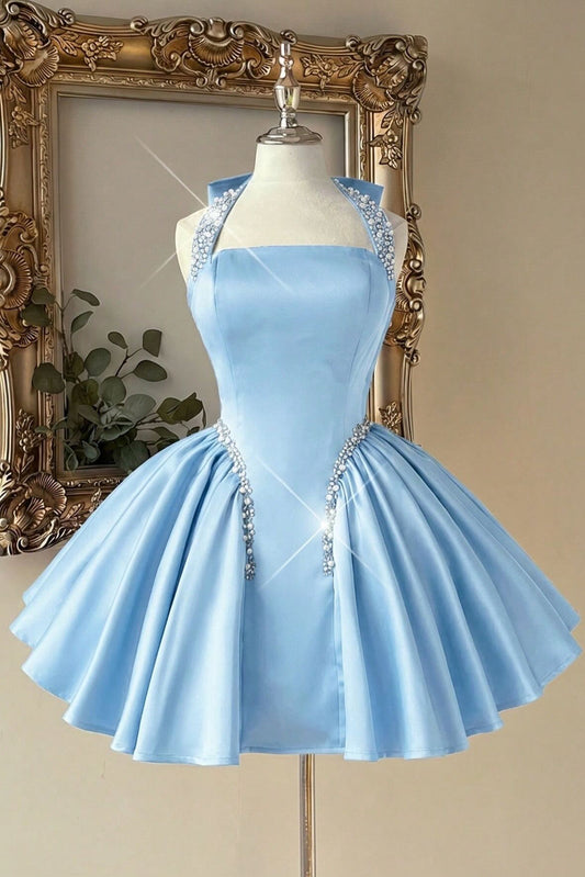 Beaded Halter Satin Fit and Flare Mini Dress
