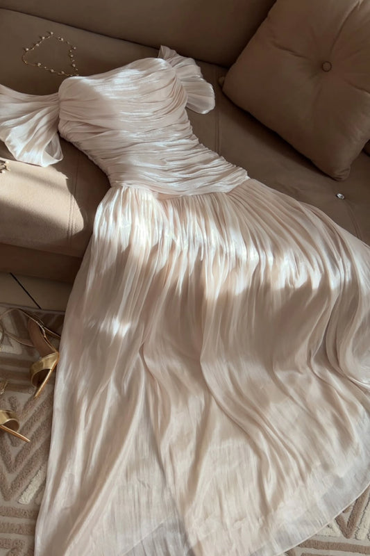 Ruched Off-the-Shoulder Pleated Maxi Gown