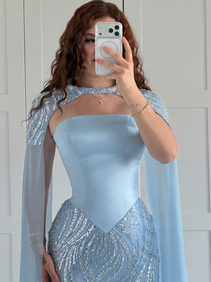 Sequin Mermaid Gown with Chiffon Cape Sleeves